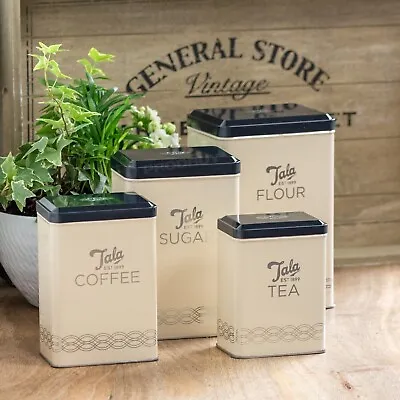 Kitchen Storage Canisters 4pc Metal Set Tea Coffee Sugar Flour Jar Container Tin • £10.70