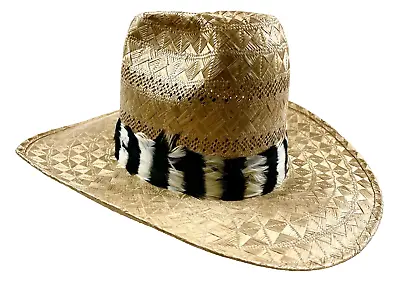 Mens New West By Bailey U-Rollit Straw Coyboy Hat Feather Trim Sz 6.75 Vtg 15178 • $30