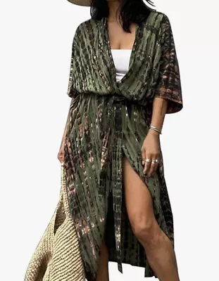 Tie Dye Beach Kimono CardiganLong Swimsuit Bikini Beach Cover Up . Green !!!! • £40