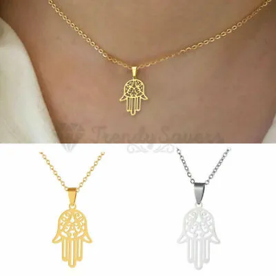 Hamsa Fatima Hand Palm Pendant Silver Gold Tone Boho Amulet Lucky Charm Necklace • £3.99