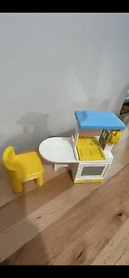 Vtg Little Tikes Dollhouse Party Kitchen Stove Sink Phone Blue/ Yellow W Chair. • $28.45