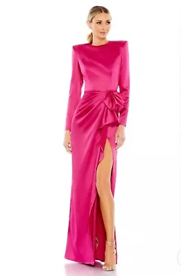 Mac Duggal 26676 Satin Bow Long Sleeve Column Gown Sz 2 Magenta Mrsp$398 • $54