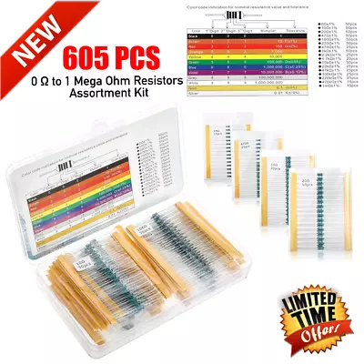 1/4W Metal Film Resistor 0 Ω To 1 Mega Ohm Assortment Kit 1% Tolerance 605 Pcs • $10.99