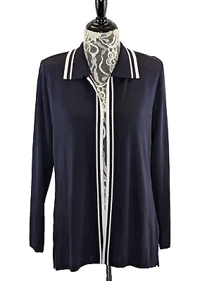 Exclusively MISOOK Knit Cardigan Jacket SMALL Navy White Trim Open Front • $59.95