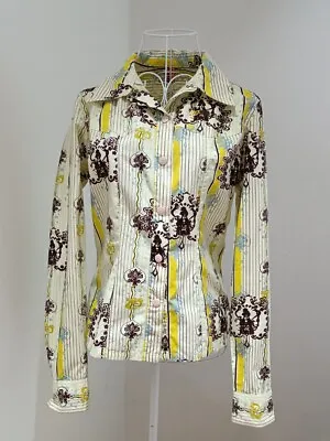 Vintage 70s Tailored Cotton Blouse Shirt Size 38(10) Yellow Printed Press Studs • £25