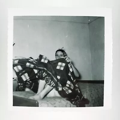 Girl Hiding Under Flannel Blanket Photo 1950s Woman In Bed Corner Snapshot A4336 • $24.95