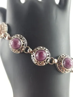 Vintage Sterling Silver 8mm Natural Ruby Scrollwork Bracelet 23.7 Grams Signed • $80