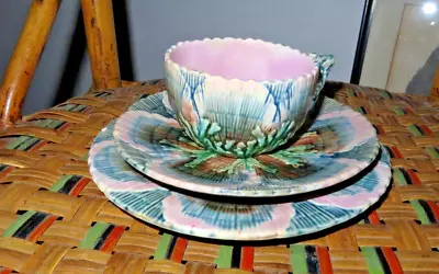 19thC. GSH ETRUSCAN Majolica SHELL & SEAWEED Cup Saucer Plate Set • $159