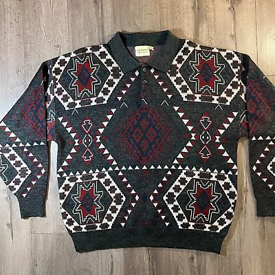 Vintage Sweater Mens XL Green Polo Aztec Geometric Tribal Pullover Collared • $28.45