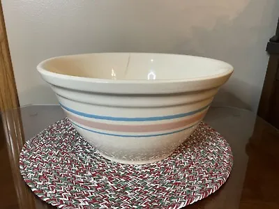 Vintage 1977 McCoy Pottery Large 12  OVEN WARE Mixing Bowl Pink/Blue Stripe USA • $40