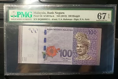 Malaysia Banknote Rm100 Pmg67epq Low Number Bq0000074 Zeti Gabenor • $118