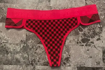 Nwt Victoria's Secret Pink L Buffalo Plaid Thick Logo Band Rare Thong Panties • £53.21