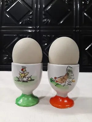 Vintage 2 Porcelain China Egg Cups Hand Painted Chicken Designs • $7.50