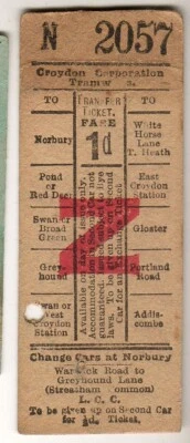 £3.75 • Buy Bus/Tram Ticket Croydon Corp Tramways 1d Transfer Norbury Addiscombe