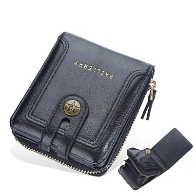 Men PU Leather Zipper Bifold Wallet Coin Pocket Front Pocket Change Purse Black • $9.78