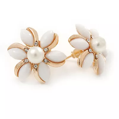 £7 • Buy White Acrylic, Crystal Flower Stud Earrings In Gold Tone - 20mm D
