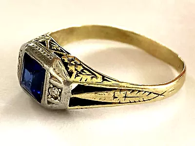 Antique Art Deco Blue Stone 2 Diamond Floral Mens Ring 18K Yellow Gold Size 8.25 • $495