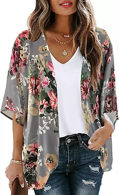 Women'S Floral Print Puff Sleeve Kimono Cardigan Loose Cover Up Casual Blouse To • $50.99