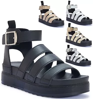 Womens Ladies Gladiatoe Fashion Strappy Buckle Flatform Summer Sandals Shoes Sz • £14.99