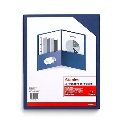 Staples 10% Recycled Smooth 2-Pocket Paper Presentation Folder Dark Blue 10/Pack • $9.95