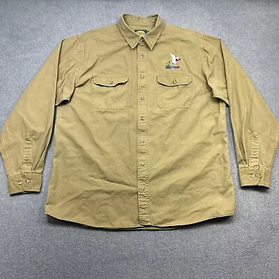 Cabelas Shirt Mens XL Tall Brown Khaki Canvas Embroidered Duck Heavy Pockets XLT • $21.58
