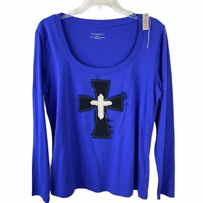 NEW Philosophy By Republic Cross Embroidered Long Sleeve Shirt Sz L Blue Cotton • $17.99