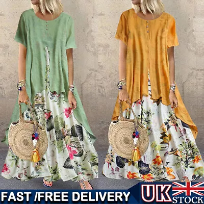 UK Women Cotton Short Sleeve Casual Loose Floral Beach Dress Kaftan Maxi Dresses • £17.47