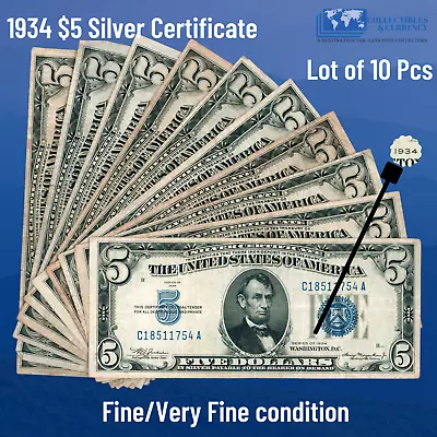 (10) 1934 Blue Seal $5 Dollar Silver Certificate F/VFOld US FIVE Dollar Bill • $129.55