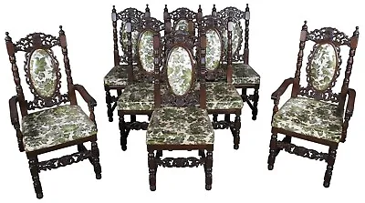8 Vintage 20th Century Charles II Carolean Style Carved Oak Dining Room Chairs • $1997.50