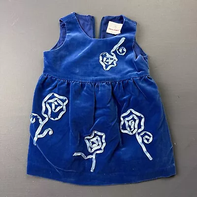 Hanna Andersson Velvet Dress Girls 6-12mo 70cm Blue Floral Applique Sleevless • $12.95