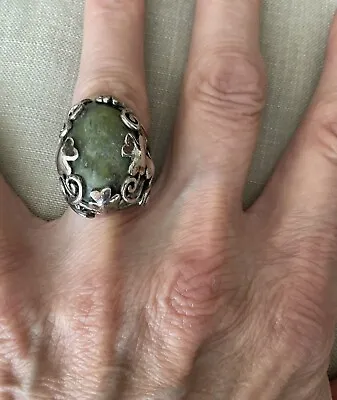 Vintage SW 925 Sterling Silver+Green Connemara Marble Floral Clover Ring Sz 5.5 • $64