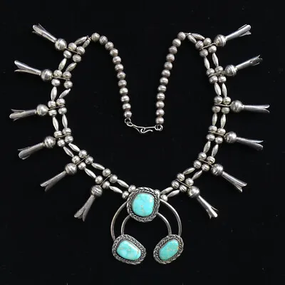 Vintage Navajo Turquoise Squash Blossom Necklace Long Blossoms Sterling Silver • $695