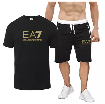 Summer EA7 Men's Sports Short-Sleeved Shorts Two-Piece Casual T-shirt Shorts Set • £22.92