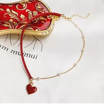 £3.99 • Buy Short Red Half Velvet & Half Pearl Chain Heart Pendant Necklace 