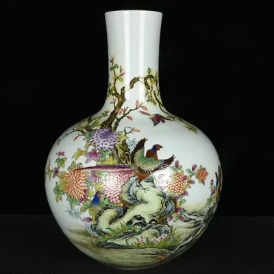 20.3 Old Dynasty Porcelain Qianlong Mark Colour Enamels Flowers Plants Bird Vase • $2905