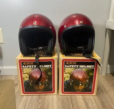 (2) Vintage All Sport Motorcycle Helmets Open Face Poly Red Metal Flake MED NOS • $68