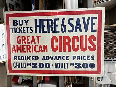 Vintage Great American Circus Poster 28 X42  Advance Tickets Sale $2.00/$3.00 • $11.77