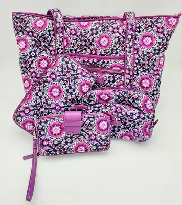 VERA BRADLEY ICONIC VERA TOTE BAG In Lilac Medallion With Cosmetic Case & Wallet • $37.99