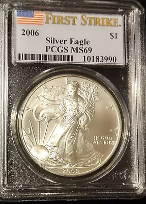 2006 $1 American Silver Eagle Pcgs Ms69 Flag First Strike Label • $39.50