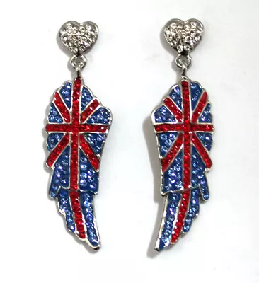 Butler Wilson Crystal Union Jack Wing Drop Earrings Queen Jubilee NEW • £38