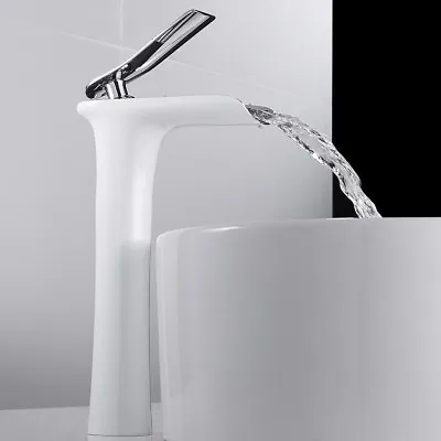 £32.99 • Buy Waterfall Bathroom Basin Mixer Taps White Tall Counter Top Taps Brass Mono