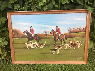 Vintage Original Framed Oil Painting Signed 1978 Fox Hunting Hunt Horses Dogs • £39