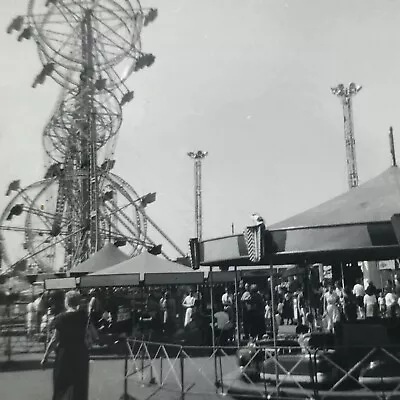 Vintage 1958 Black And White Photo Carnival Rides Carousel People Booths Daytime • $10.04