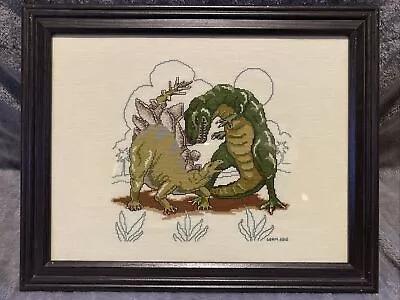 T-Rex Stegosaurus Wall Art - Signed Cross Stitch - Kids Room Dino Decor • $25