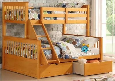 £539 • Buy Wooden Triple Sleeper Bunk Bed And Drawers - Pine Double Bunks - Grey White Oak