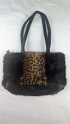 Mink Sections & Dyed Spotted Fur Trim Leather Purse Brown  • $15