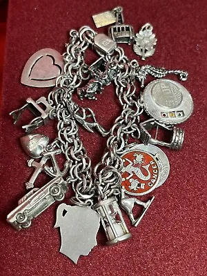 Vintage Sterling Charm Bracelet Car Hourglass Sewing Machine Seahorse Cancer 15 • $169