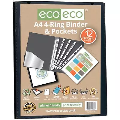 A4 65% Recycled Presentation 4 Ring Binder 12 Multi Punched Pockets Black Colour • £6.99