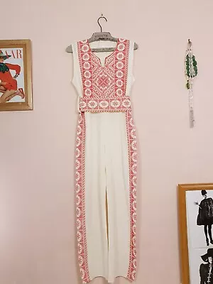 Vintage 90s Embroidered Jumpsuit Ladies Playsuit Cream Red Ethnic Size 12 • £36