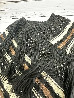 Shawl Poncho Knitted Sweater Striped Pullover Fringe Crochet Black Tan Women  • $12.62